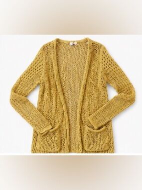 Open-Knit Pocket Cardigan Sweater in Mustard Yellow